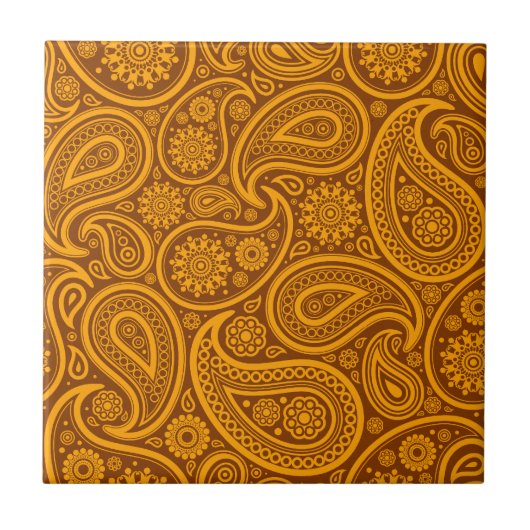 Bruin & Oranje  Paisley Damask Pattern Tegeltje (Voorkant)