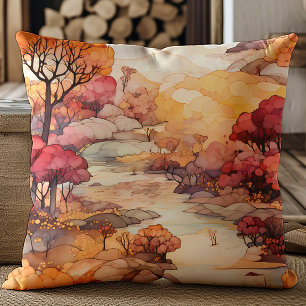 Bruin Oranje Rood Herfst Rivier Bomen Landschap Kussen