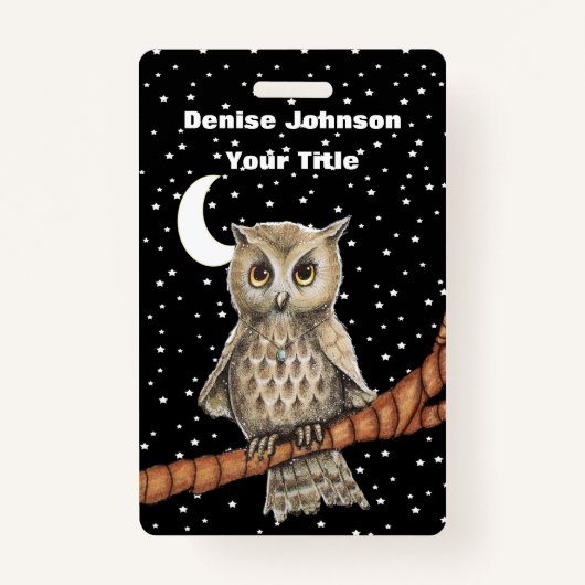 Bruin owl Golden Eyes Blue Ketting Stars Moon Badge (Voorkant)