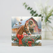 Bruin paard, bogen en schuren rustieke kerst feestdagenkaart (Staand voorkant)