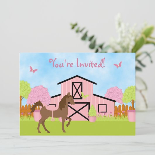 Bruin Paard en Bloemen Verjaardagsuitnodiging Kaart (Staand voorkant)