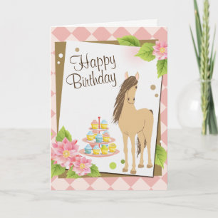 Bruin Paard en Roze Bloemen Happy Birthday Kaart