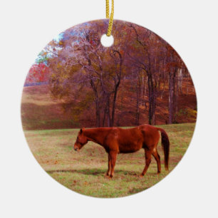 Bruin paard in een grasveld keramisch ornament