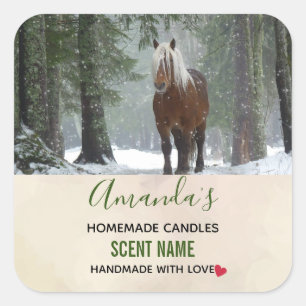 Bruin Paard in een Winterbos Fotokaars Vierkante Sticker