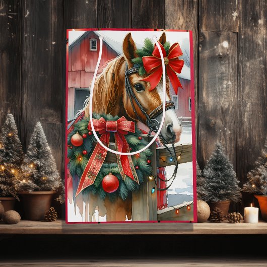 Bruin Paard in Rode Boog Kerst Medium Cadeauzakje
