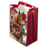 Bruin Paard in Rode Boog Kerst Medium Cadeauzakje (Voorkant Gekanteld)