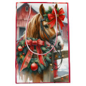 Bruin Paard in Rode Boog Kerst Medium Cadeauzakje (Voorkant)