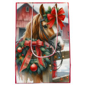 Bruin Paard in Rode Boog Kerst Medium Cadeauzakje (Achterkant)