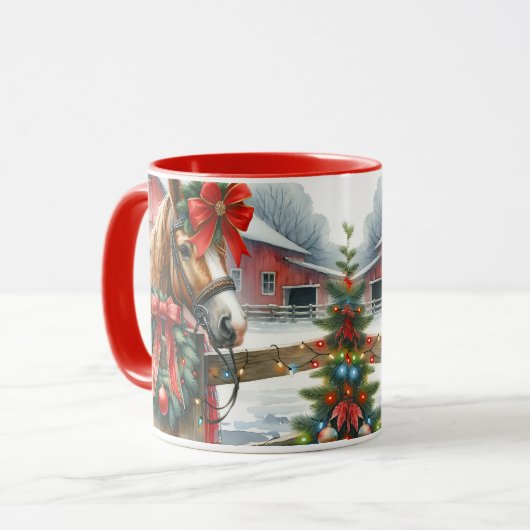 Bruin Paard in Rode Boog Kerst Mok (Voorkant links)