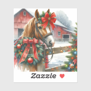 Bruin Paard in Rode Boog Kerst Sticker