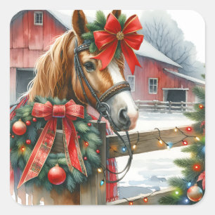 Bruin Paard in Rode Boog Kerst Vierkante Sticker