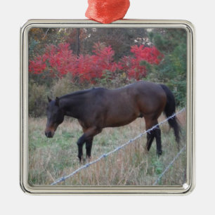 Bruin paard in rode herfstbomen metalen ornament