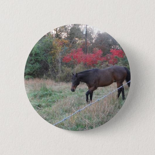 Bruin paard in rode herfstbomen ronde button 5,7 cm (Voorkant)