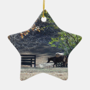 Bruin paard loopt door het hek keramisch ornament