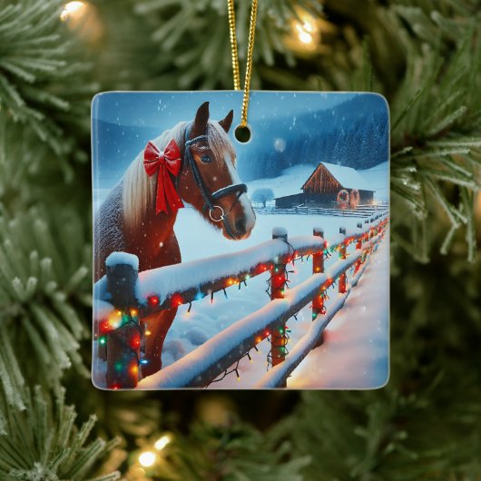 Bruin Paard met Boog Kerst Gepersonaliseerd Keramisch Ornament (Boom)