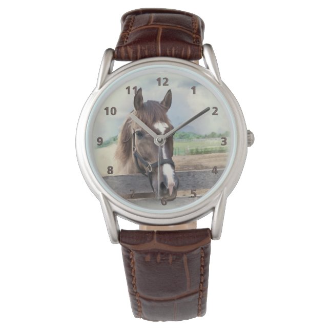 Bruin paard met Halter Horloge (Voorkant)