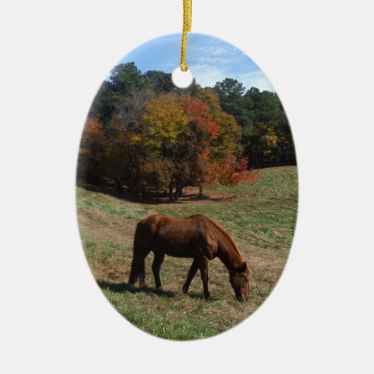 Bruin paard met herfst keramisch ornament (Voorkant)