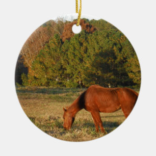 Bruin paard met pijnbomen keramisch ornament