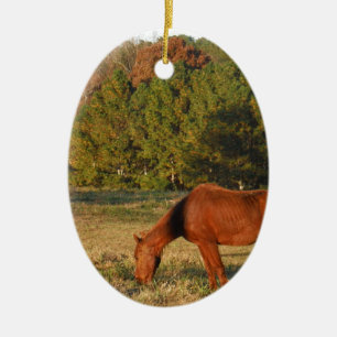 Bruin paard met pijnbomen keramisch ornament