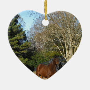 Bruin paard tegen een hek keramisch ornament