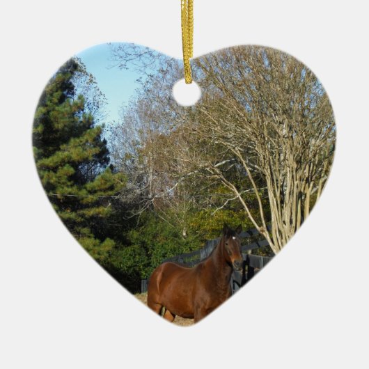 Bruin paard tegen een hek keramisch ornament (Voorkant)