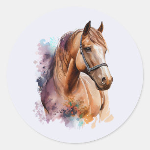 Bruin Paardenhoofd Portret in Waterverf Ronde Sticker