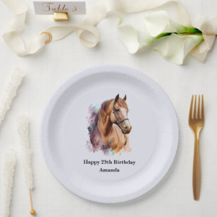 Bruin Paardenhoofd Portret in Waterverf Verjaardag Papieren Bordje