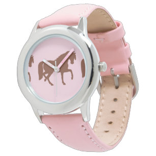 Bruin paardensilhouet, roze horloge