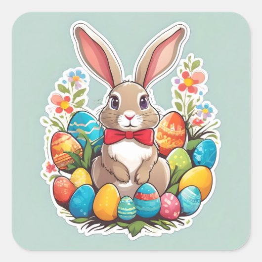 Bruin paashaas met eitjes sticker. vierkante sticker (Voorkant)