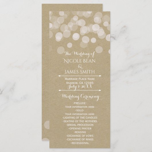 Bruin Papier Eenvoudige Rustieke Lichten Trouwprog Programma (Voorkant / Achterkant)