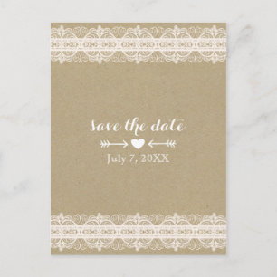 Bruin papier en witte kant Rustieke Save The Date Aankondigingskaart