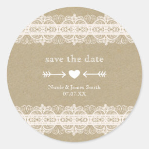 Bruin papier & witte kant Natuurlijke rustieke tro Ronde Sticker