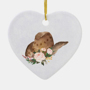 Bruin Pet van Cowgirl met roze bloemen Keramisch Ornament