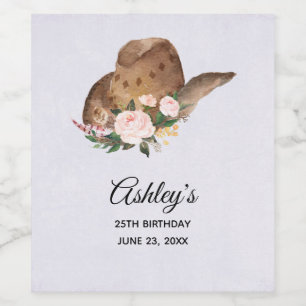 Bruin Pet van Cowgirl met roze bloemen Wijn Etiket
