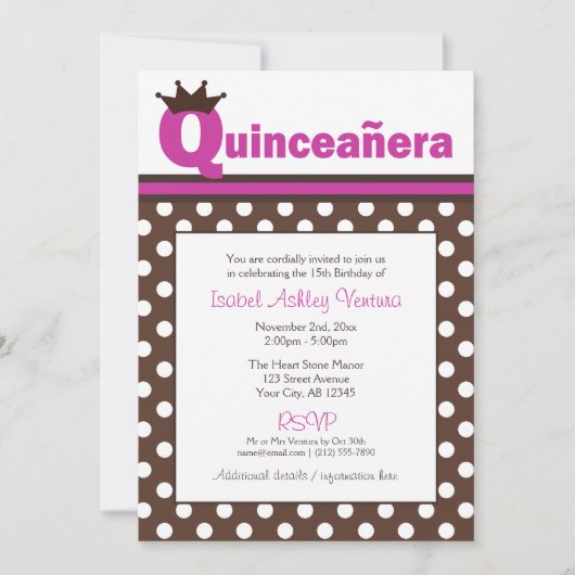 Bruin Polka Dot & Fuchsia Quinceañera Uitnodiginge Kaart (Voorkant)