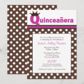 Bruin Polka Dot & Fuchsia Quinceañera Uitnodiginge Kaart (Voorkant / Achterkant)