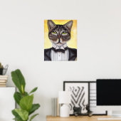 Bruin Poster met kat met kattenvoer Tuxedo Feline  (Thuiskantoor)