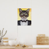 Bruin Poster met kat met kattenvoer Tuxedo Feline  (Keuken)