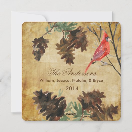 Bruin. Red Kardinaal Pine Cones Holiday Kaart (Achterkant)