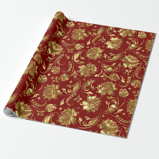 Bruin-rood en glanzend goudDamaspatroon Cadeaupapier (Uitgerold)