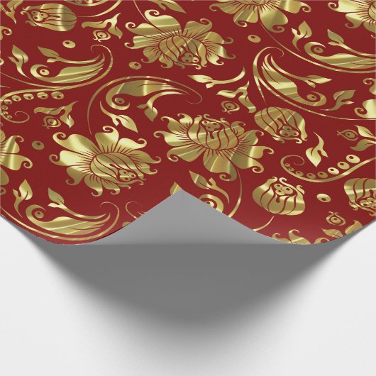 Bruin-rood en glanzend goudDamaspatroon Cadeaupapier (Hoek)