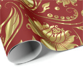 Bruin-rood en glanzend goudDamaspatroon Cadeaupapier (Rol Hoek)