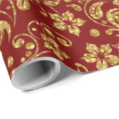 Bruin-rood & glanzend gouden damast bloemmotief cadeaupapier (Rol Hoek)