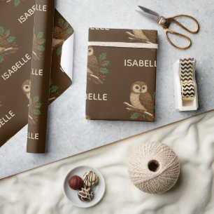 Bruin Rustiek borduurwerk Kerstuil met Holly Cadeaupapier
