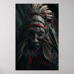 Bruin Shaman Masker met veren en rood Poster