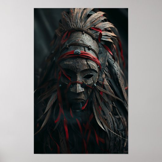 Bruin Shaman Masker met veren en rood Poster (Voorkant)
