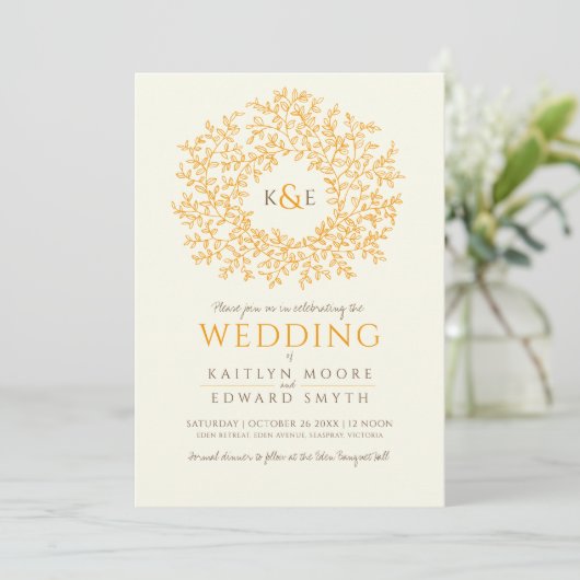 Bruin sinaasappel hand getrokken blad monogram kun kaart (Staand voorkant)