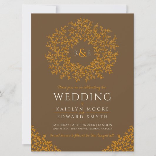 Bruin sinaasappel hand getrokken blad monogram kun kaart (Voorkant)