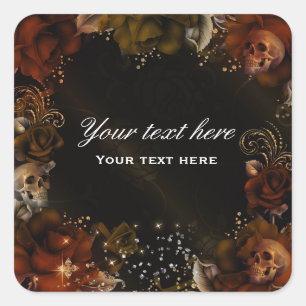 Bruin Sinaasappel Rozen + schedels Gotische Sticke Vierkante Sticker