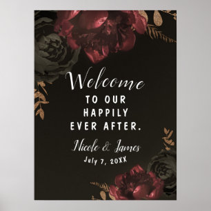 Bruin Somber Donker Bloemmotief Goud Groenelemente Poster